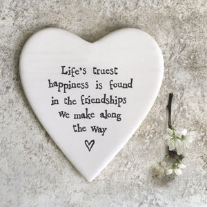 East of India Porcelain Heart Coaster - Happiness Is Found in Friendships