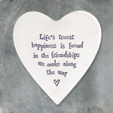 East of India Porcelain Heart Coaster - Happiness Is Found in Friendships