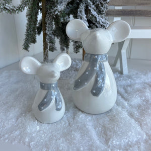 Set of Two Ceramic Mice With Grey Spotty Scarves