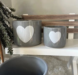 Set of Three Grey Pots With Off-white Hearts