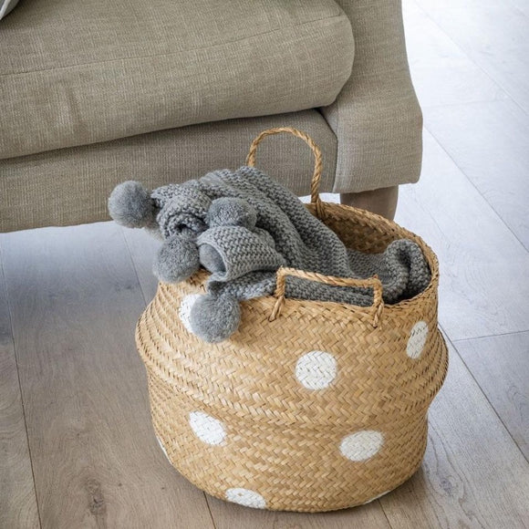 Seagrass Handwoven Storage Basket With a White Spot Design