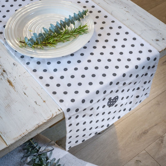 Pretty Printed White and Charcoal Polka Dot Cotton Table Runner