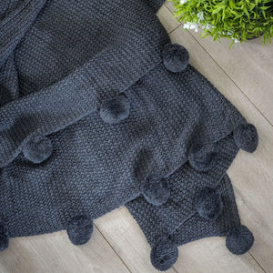 Large Charcoal Pompom Knitted Throw