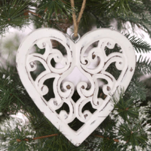 Filigree Hanging White Handcarved Wooden Heart