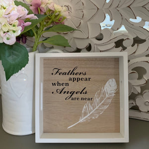 White wooden tray 'Feathers appear when angels are near'