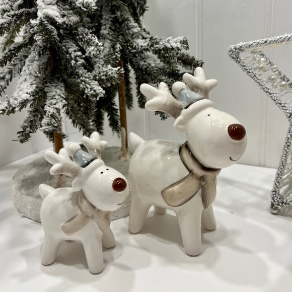 Set of Two Ceramic Reindeer Wearing Grey Hats and Scarves