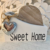 Set of Six Wooden Heart Coasters Stored In A White Wooden Box With Silver Heart and Sweet Home Printed on the Box