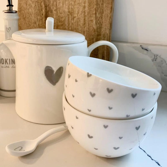 Set of Two White Ceramic Bowls Each With Cute Grey Hearts