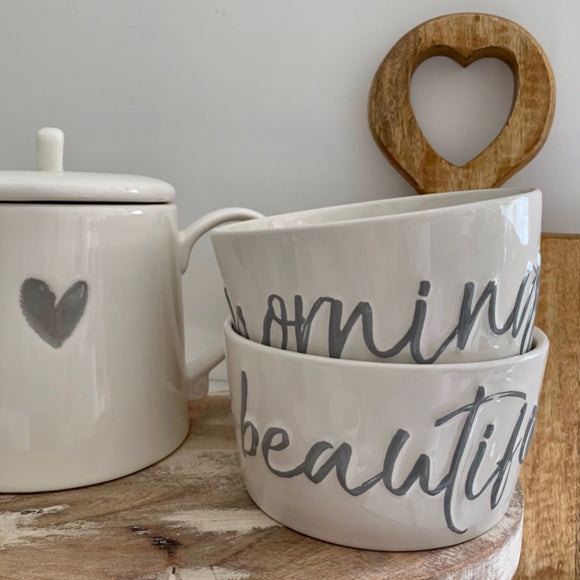 Set of Two White Cereal Bowls With the Words 'Beautiful Morning'