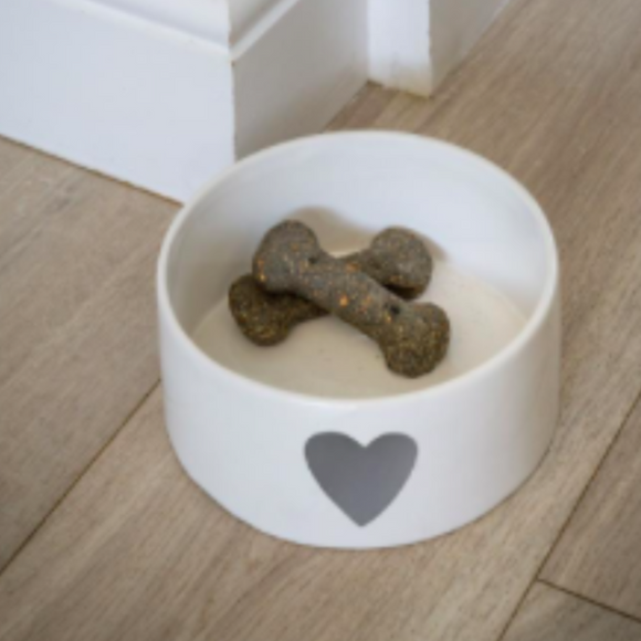 White Ceramic Bowl With Grey Heart Design Perfect As A Pet Bowl