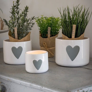 Set of Three White Ceramic Pots With Grey Hearts