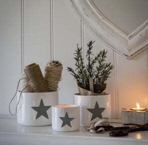 Set of Three White Storage Ceramic Plant Pots With Grey Stars