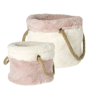 Pink and White Fur Storage Baskets With Rope Handles