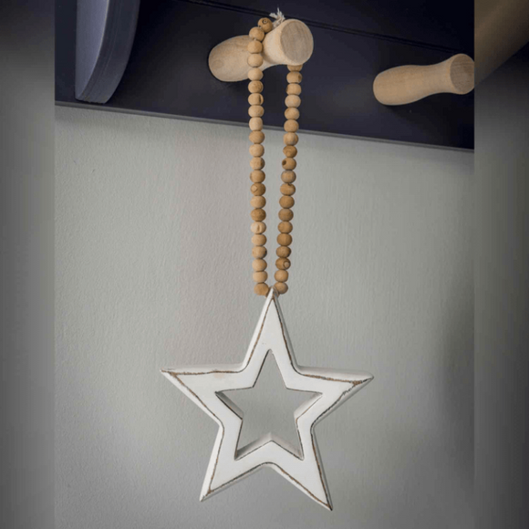 Wooden Distressed White Star With Beaded Hanger