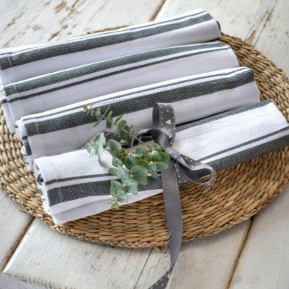 Set of Four Traditionally Woven Grey and White Striped Ticking Napkins