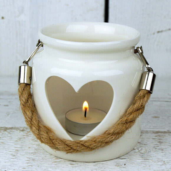 Small White Porcelain Heart Tealight Holder With Rope Handle