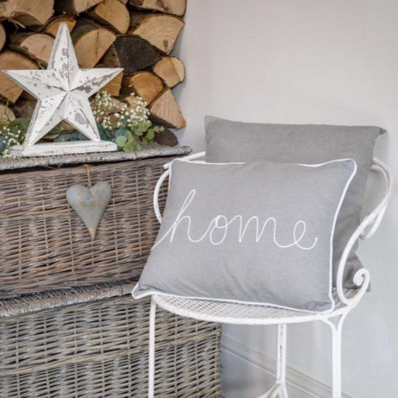 Piped Dove Grey Flour Sacking Cushion Embroidered With 'home' Complete With Feather Inner