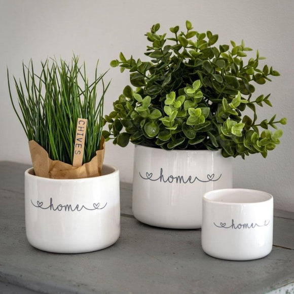 Set of Three White HOME Ceramic Pots